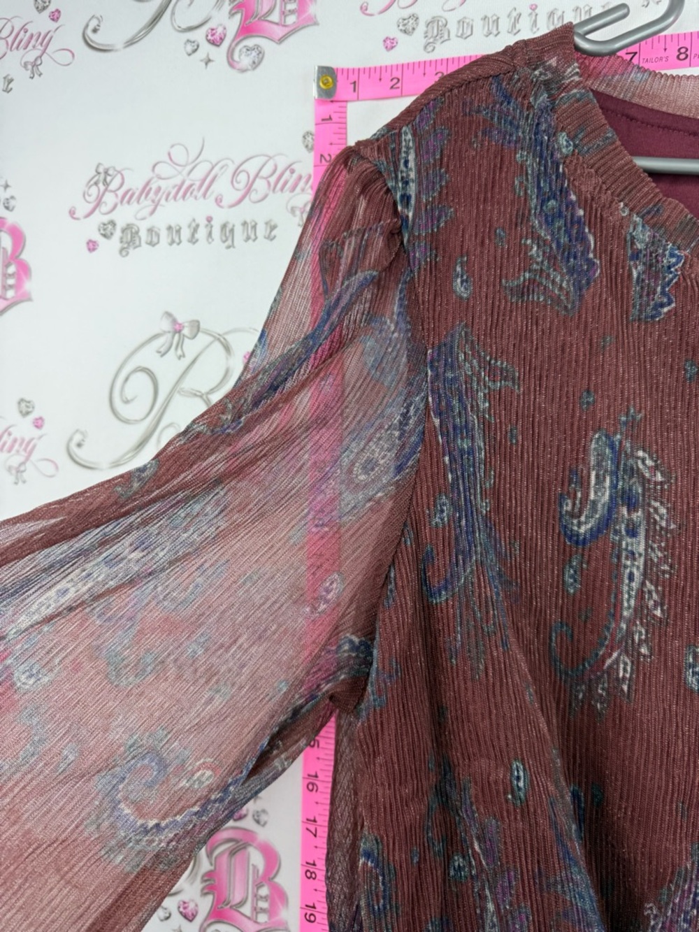 Joie blouse shiny style floral pleated Rust Paisley-Print Long-Sleeve Blouse - Picture 6 of 11